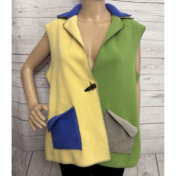 Cameleon Fleece Vest Medium Green Blue Yellow Gray Colorblock Sleeveless - Picture 1 of 10